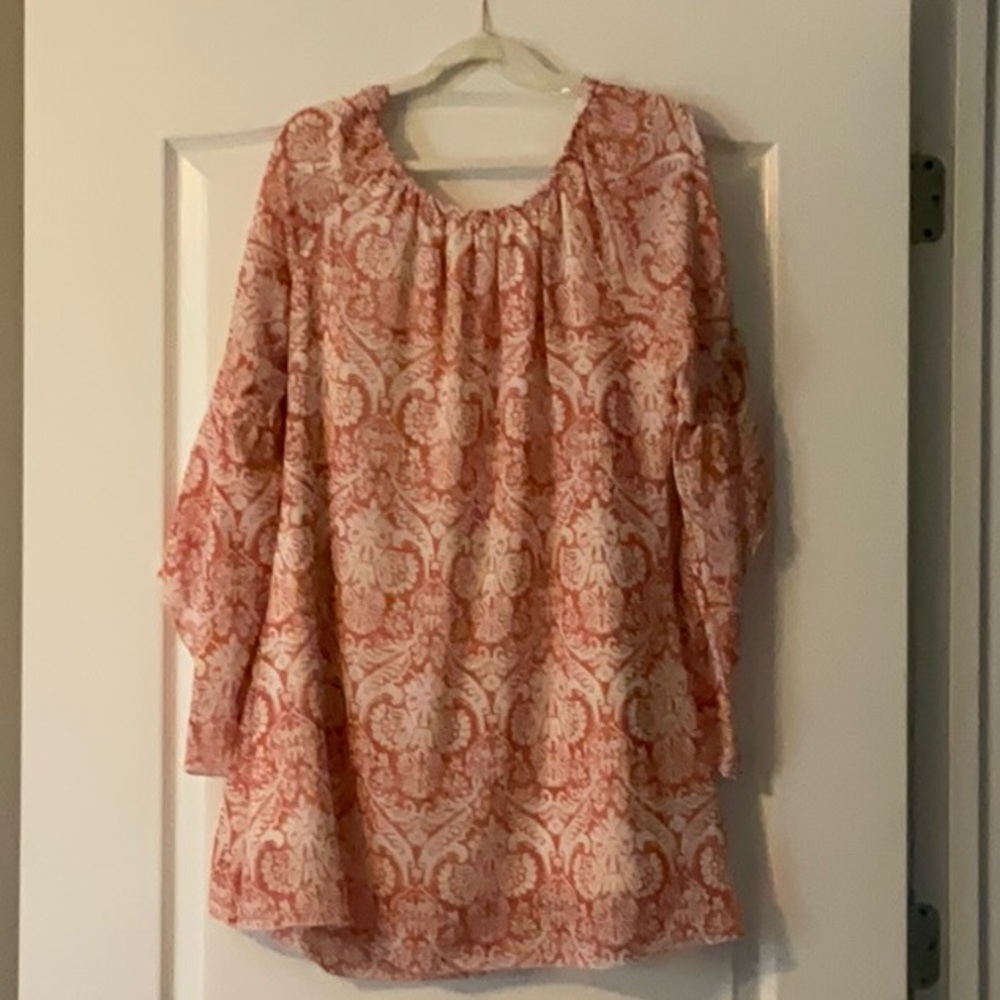 Pink and bream shift dress with flutter sleeves